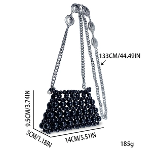 Detail view of black beaded mini bag with silver chain dimensions and 185g weight info