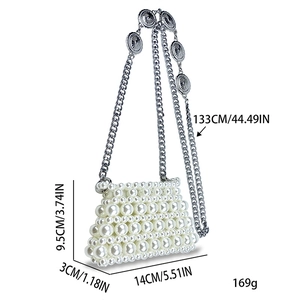 Detail showing dimensions of mini pearl woven bag with silver embossed chain strap