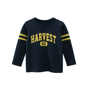 Boys navy blue long sleeve cotton t-shirt with yellow Harvest 68 print and sleeve stripes