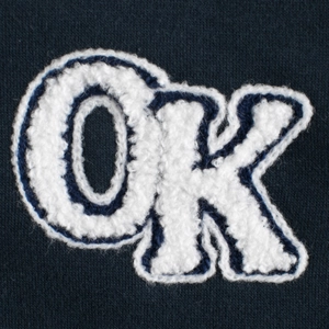 Navy blue boys varsity jacket with premium white chenille embroidered OK letter detail