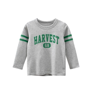 Classic grey boys long sleeve t-shirt with green collegiate Harvest 68 print and sleeve stripes