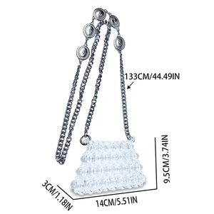Detailed size guide for handmade clear beaded mini bag with silver chain strap dimensions