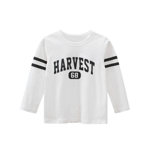 White cotton long sleeve boys t-shirt with Harvest 68 print and retro campus stripes