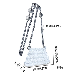 Detail showing dimensions of the beaded mini crossbody bag with pearl chain and silver charms