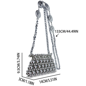 Detailed size measurement of silver beaded mini bag with pearls and crossbody chain strap