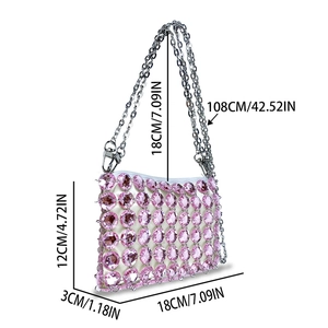 Detailed size specifications for pink rhinestone beaded bag with silver metal chain