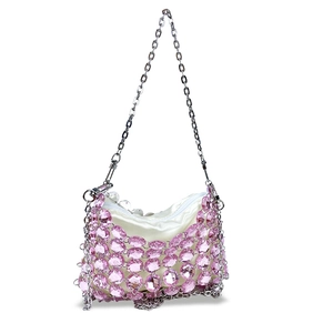 Close-up of pink crystal beaded mesh cover with satin lining and silver chain strap