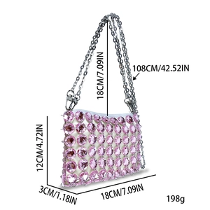 Detailed size specifications for pink crystal beaded evening bag with silver chain
