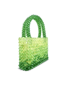 Handmade beaded handbag with green gradient translucent beads in a small tote style