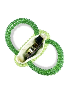 Handmade gradient green beaded handbag with round handles and zip liner showing interior