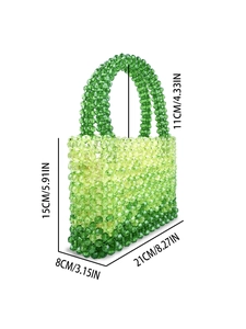 Handmade gradient green beaded handbag for women featuring acrylic woven texture with dimensions