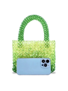 Handmade gradient green beaded handbag with top handle and rectangular mini design