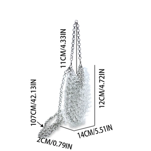 Detailed size specifications for silver beaded clutch bag with 107cm long crossbody chain