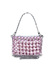 Women Pink Acrylic Beaded Handbag Rhinestone Chain Shoulder Bag Vintage Evening Party Mini Square Bag Zipper Closure Purse