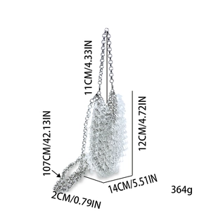 Detail of transparent acrylic beaded evening bag with silver chain and size specifications