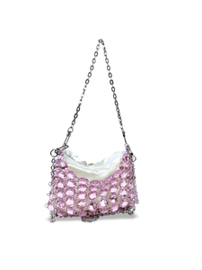 Pink beaded crystal handbag with white satin lining and silver metal chain strap