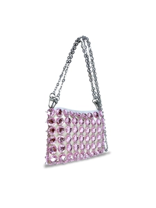 Chic handmade pink crystal beaded handbag with silver chain straps and zipper closure