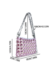 Pink handmade woven crystal mini crossbody bag with silver chain strap for women