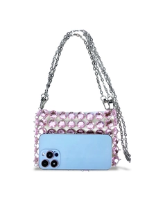 Pink woven crystal bead bag with satin lining and silver chains next to a smartphone