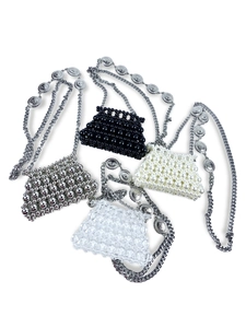 Women Handmade Beaded Mini Crossbody Bag Fashion Resin Bead Lipstick Bag Vintage Metal Relief Coin Chain Shoulder Strap Party Evening Bag