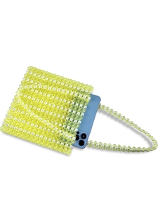 Sac bandoulière artisanal en perles et acrylique jaune à motif quadrillé pour téléphone