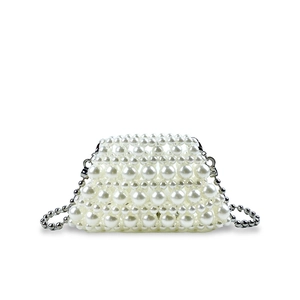 Exquisite pearl-woven evening bag with tiered layers and detachable silver bead chain