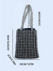 Handmade silver metallic beaded tote bag for women featuring mesh woven crystal beads