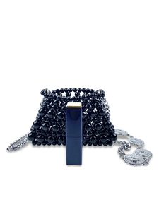 Handmade black beaded mini crossbody bag with silver chain and decorative round clasp
