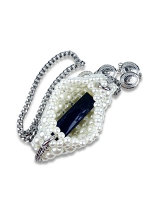 Handmade mini pearl crossbody bag with silver chain and lipstick storage space