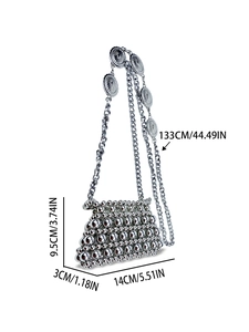 Silver beaded mini crossbody bag with pearl chain strap and detailed size measurements