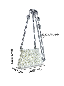 Mini white pearl woven crossbody bag with vintage sun-patterned silver metal chain