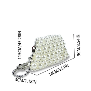 Mini pearl beaded handbag dimensions with silver chain strap and trapezoid shape detail