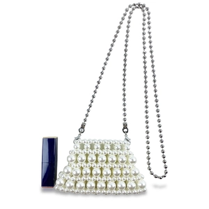 Detailed view of mini pearl woven crossbody bag with silver chain and lipstick size reference