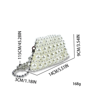 Detailed view of pearl mini bag dimensions with metal chain and bead texture info