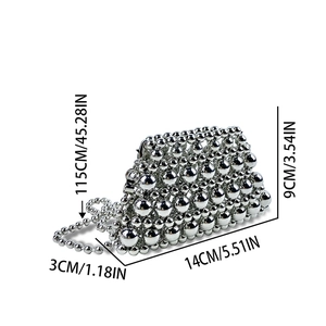 Detailed size specifications for silver beaded mini bag with 115cm chain strap