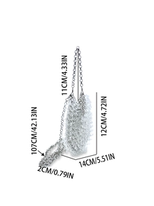 Mini acrylic beaded evening bag with silver chain and fringe design showing size dimensions
