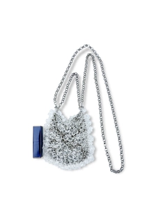 Silver beaded mini evening bag made of clear acrylic pearls with delicate chain strap