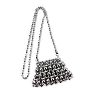 Detailed view of mini silver metallic beaded crossbody bag with glossy mirror finish