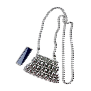 Close-up of a mini silver beaded lipstick bag with pearl chain and metal texture