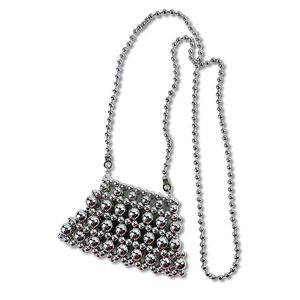Detail view of silver metallic beaded crossbody bag with a modern spherical chain strap