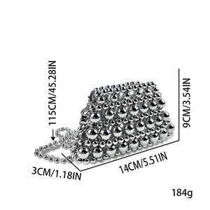 Detailed size chart showing dimensions 14x9x3cm for the silver beaded metal mini bag