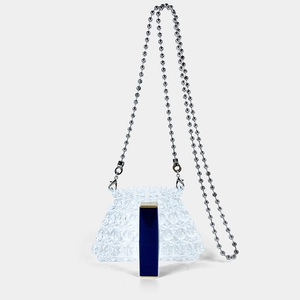 Detail view of mini translucent beaded crossbody bag with silver ball chain strap