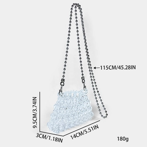 Detailed size specifications for a clear beaded mini bag with silver ball chain strap