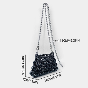 Detailed size chart of a mini black beaded crossbody bag with silver chain dimensions