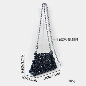 Size diagram of mini black beaded handbag with silver chain and dimensions in inches