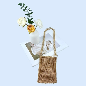 Detailed view of the gold chainmail mesh texture and fine chain strap of the phone bag
