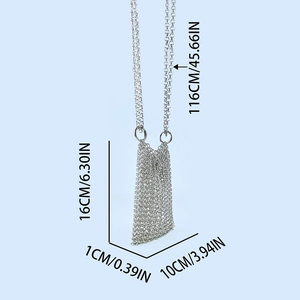 Detail showing 10x16x1cm chainmail phone bag dimensions and 116cm long chain strap