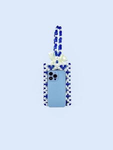 Mini sac de téléphone perlé tissé main bleu et blanc avec nœud en soie et poignée