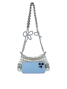 Mini sac à bandoulière en perles fait main avec nœud décoratif et perles argentées