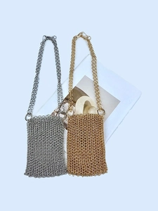 Crossbody Phone Bag Metal Chainmail Hand Woven Hollow Out Mini Shiny Chic Street Style Handbag For Women